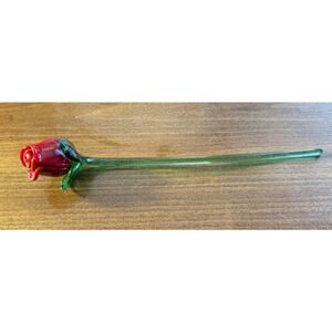 15” Art Glass Red Rose Bud Hand Blown Long Stem Flower Murano Style